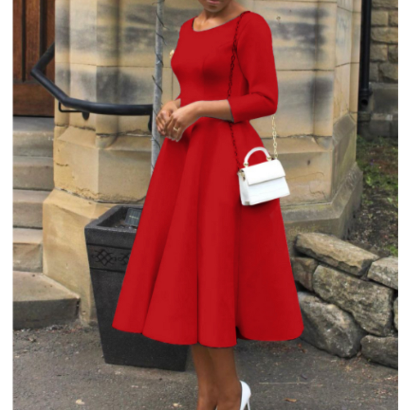 Damen Midi-Kleid Rundhalsausschnitt Einfach