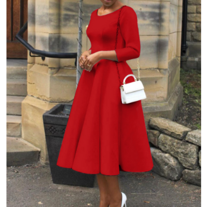 Damen Midi-Kleid Rundhalsausschnitt Einfach