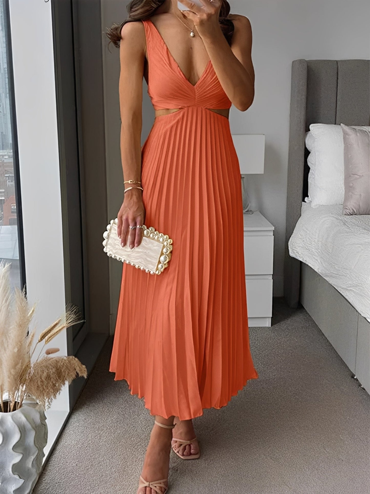 Damen Midikleid Plissiert Rückenfrei