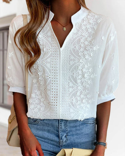 Norvielle Damen Bluse V-Ausschnitt Bestickt