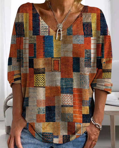 Damen Oberteil V-Ausschnitt Patchwork Print