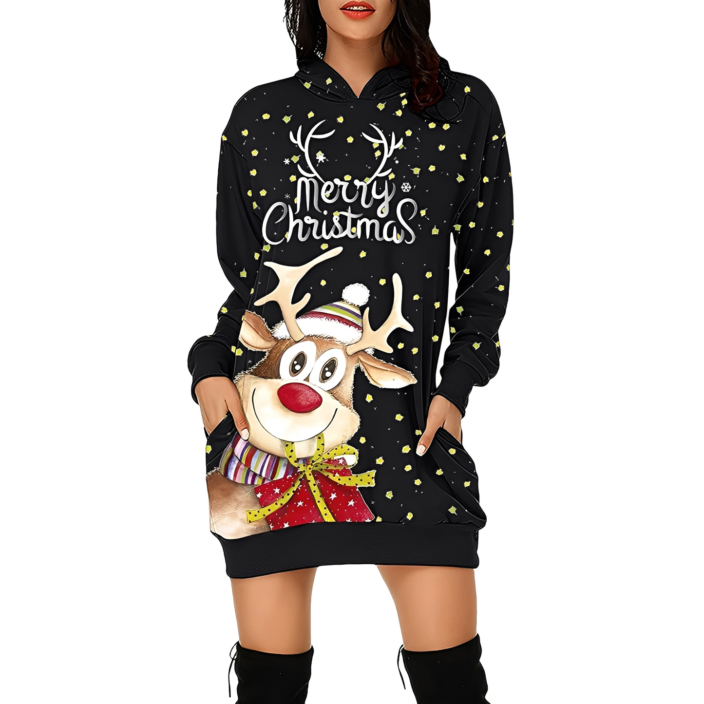 Damen Weihnachtskleid Kapuze Print