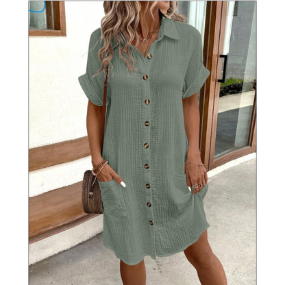 Damen Knopfleiste Blusenkleid mit Taschen