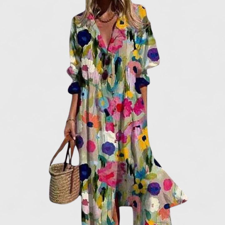 Damen Midi Kleid mit Blumenmuster und Knopfleiste Vorne