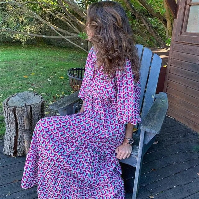 Damen Boho Maxi Kleid Blumenprint V-Ausschnitt Halbarm