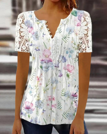 Damen T-Shirt Kurzärmelig V-Ausschnitt Print Elegantes Design