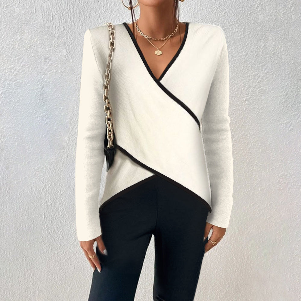 Damen Wickelpullover V-Ausschnitt aus Merino-Wolle Beige - Norvielle