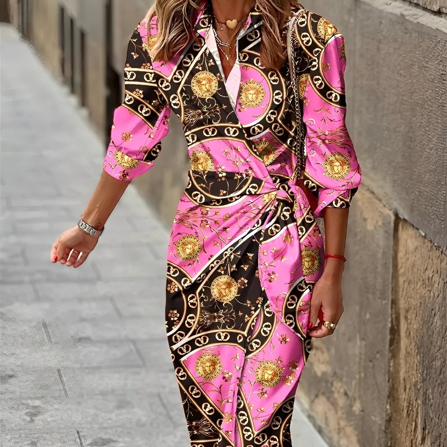 Damen Wickelkleid Kragen Stilvoll