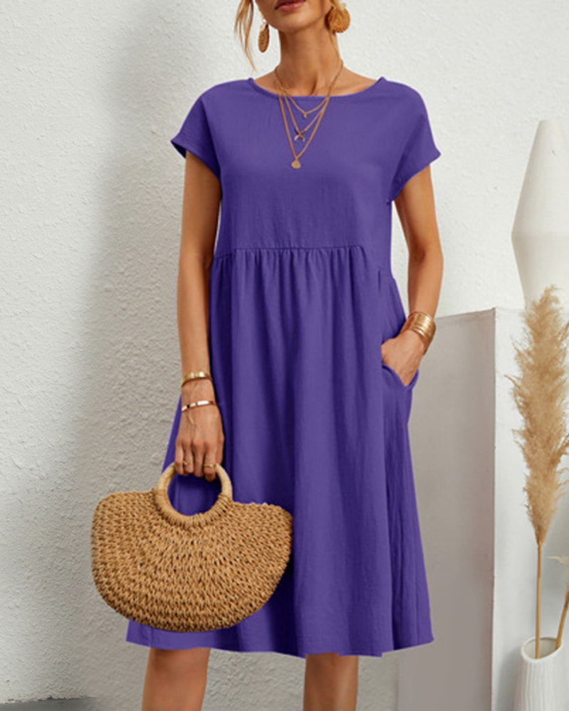 Damen Sommerkleid Uni-Farben Rundhalsausschnitt Kurzarm Midi-Länge