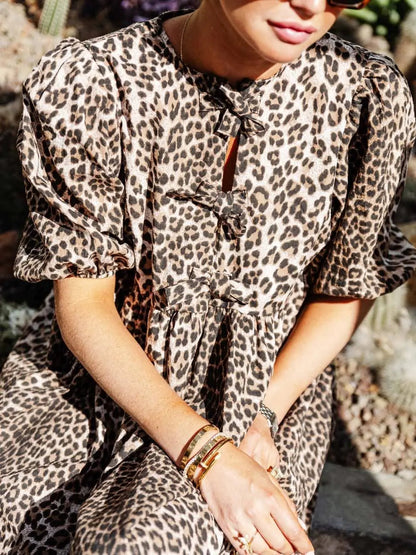 Damen Leopardenkleid Kurze Puffärmel