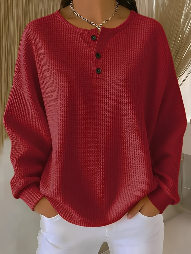 Anabella Damen Waffelpullover Knopfleiste Bequem