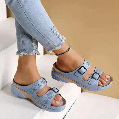 Damen Plateausandalen Doppelriemen Verstellbar Offen