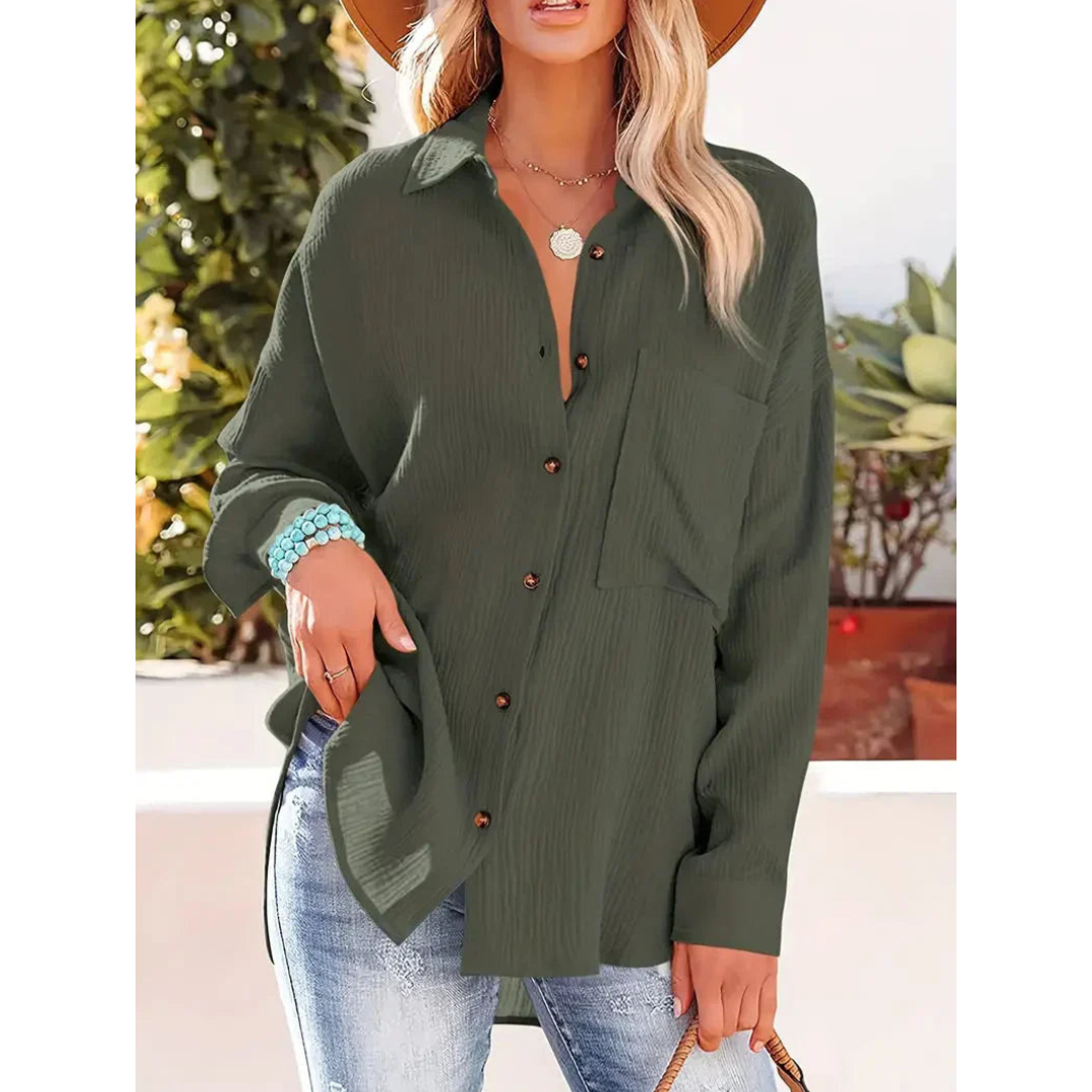 Damen Unifarben Bluse Knopfleiste Hemdkragen Langarm Elegante Bluse