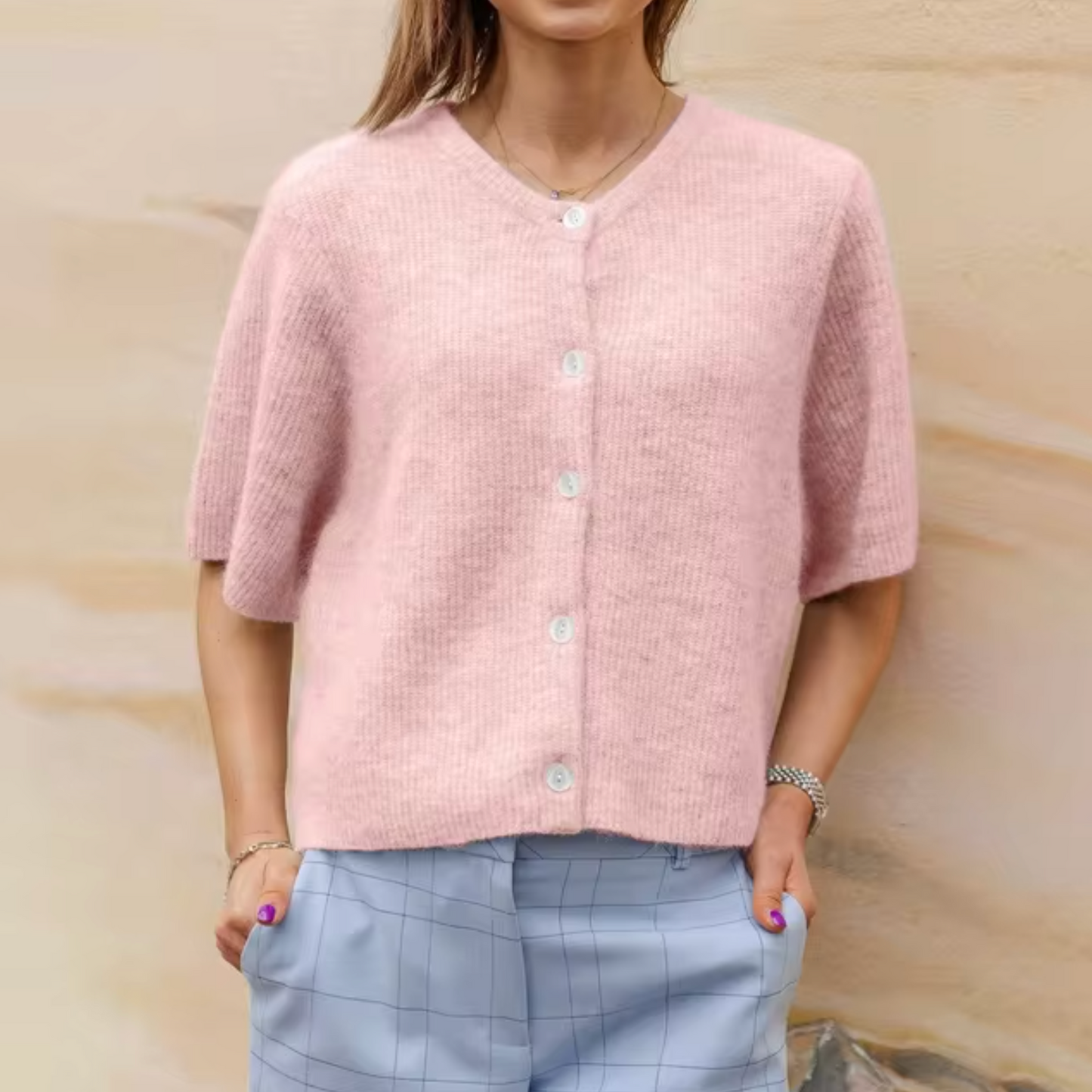 Damen Kurzcardigan Strick Knöpfe Beige