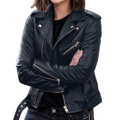 Damen Bikerjacke Leder Gürtel Reißverschluss
