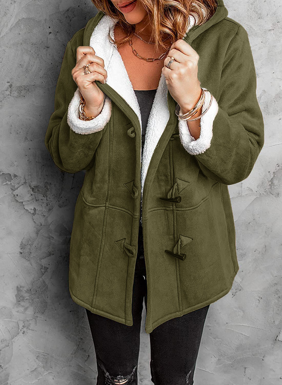 Régine Damen Wintermantel Duffle-Kapuze Warm Fleece Wildlederoptik