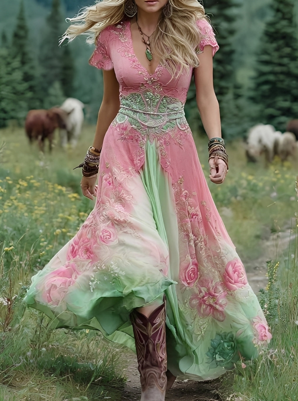 Damen Maxikleid Blumendesign Baumwolle Lang