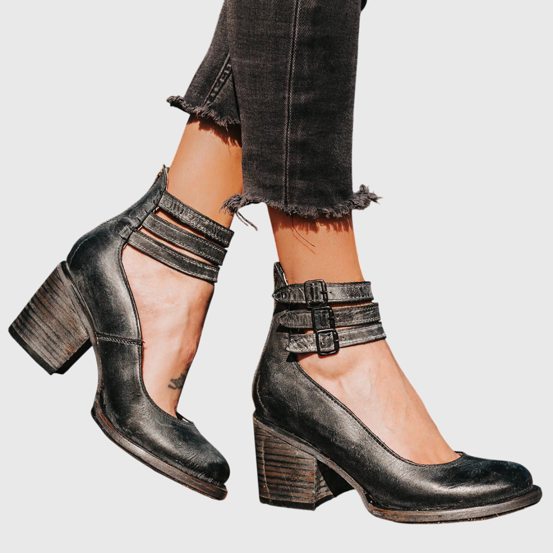 Damen Schnallenriemen Stiefel Blockabsatz