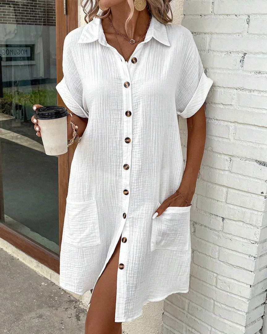 Damen Hemdkleid Sommer Kurzarm Einfarbig