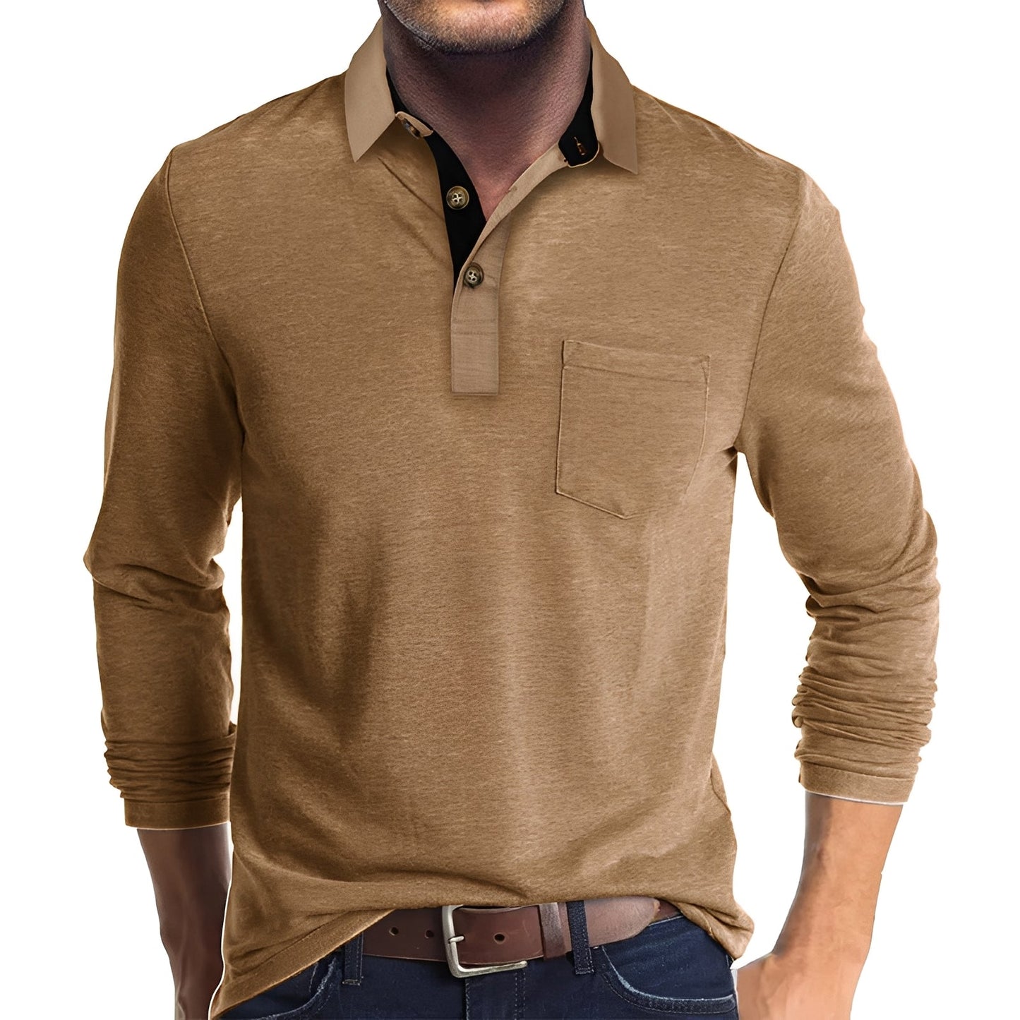 Herren Langarm-Poloshirt Baumwolle Vielseitig Beige