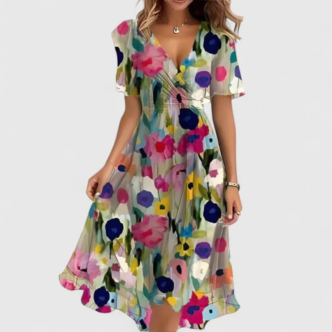Damen Blumen Midi Kleid V-Ausschnitt