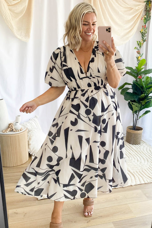 Norvielle Damen Maxi-Kleid Puffärmel Print Schwarz - Norvielle