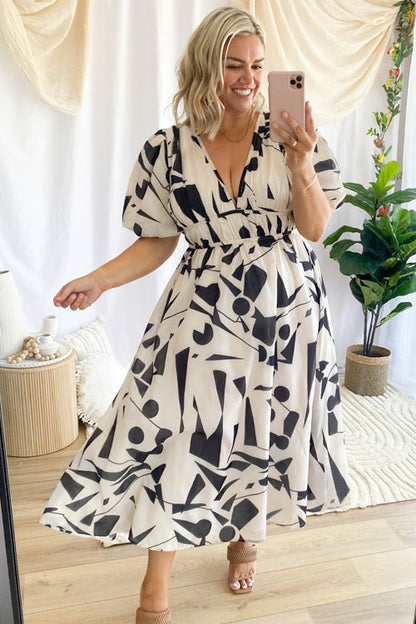 Norvielle Damen Maxi-Kleid Puffärmel Print Schwarz - Norvielle
