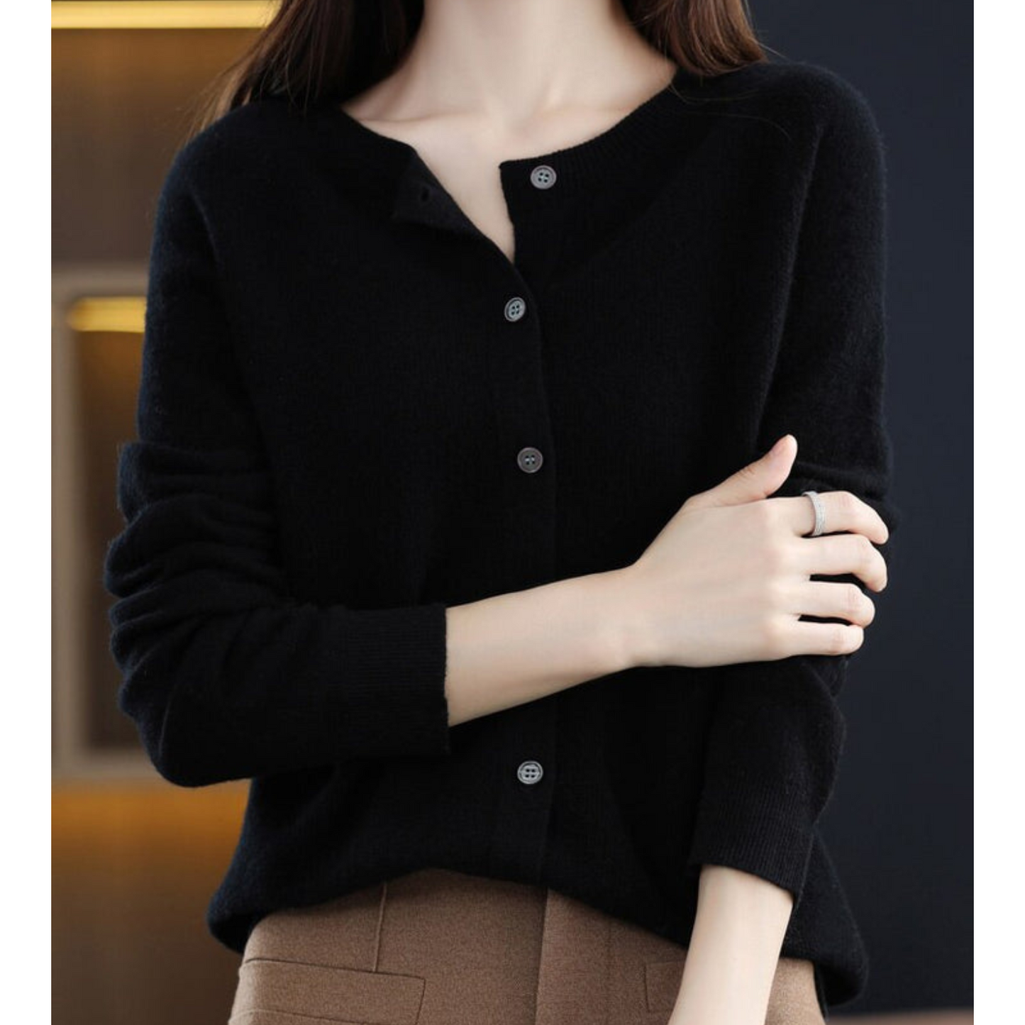 Norvielle Damen Strickjacke Merinowolle O-Ausschnitt