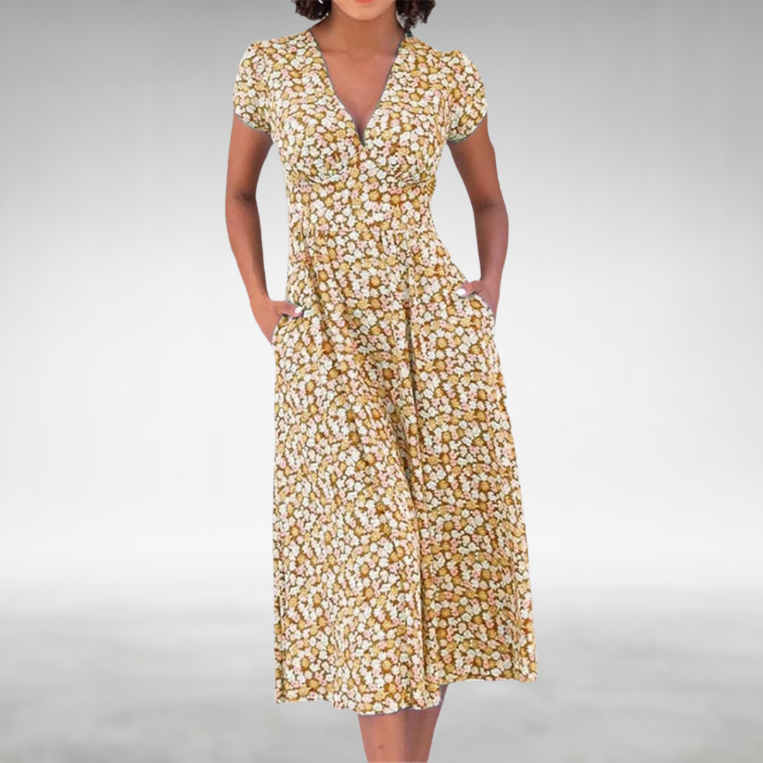 Damen Blumen Midi Kleid V-Ausschnitt mit Taschen