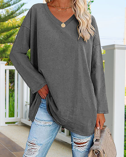 Norvielle Damen Langarm T-Shirt V-Ausschnitt Einfarbig