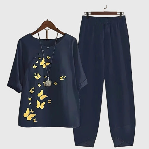 Damen Zweiteiliges Set Schmetterlings-Design Lockere Bluse und Rock - Norvielle