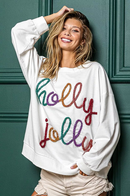 Weihnachtssweatshirt Damen Pailletten Weiß Festlich