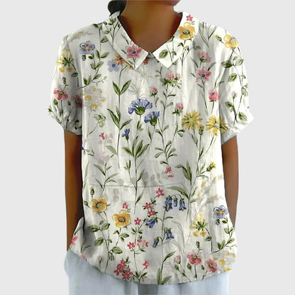 Damen Blume Bluse Kurzarm mit Kragen