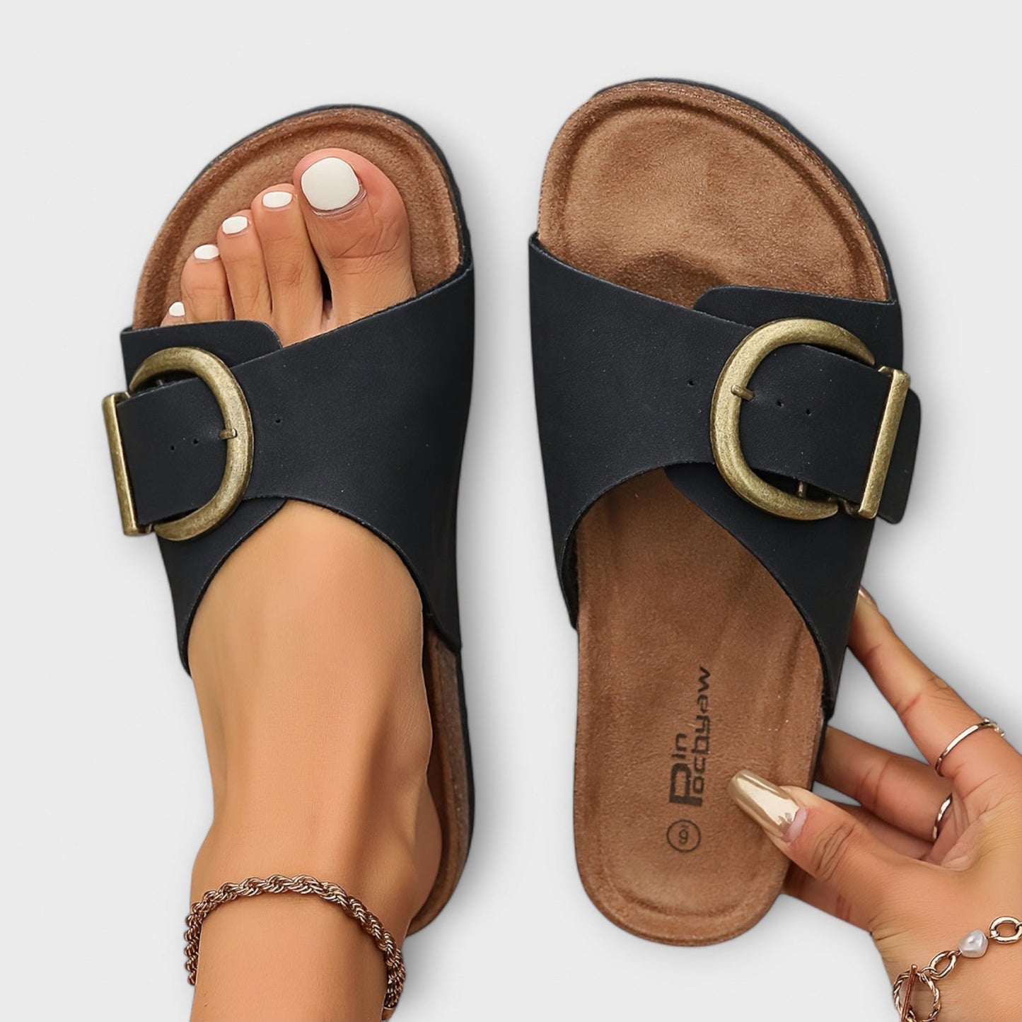 Norvielle Damen Slide Sandalen Schnalle Leder Schwarz - Norvielle