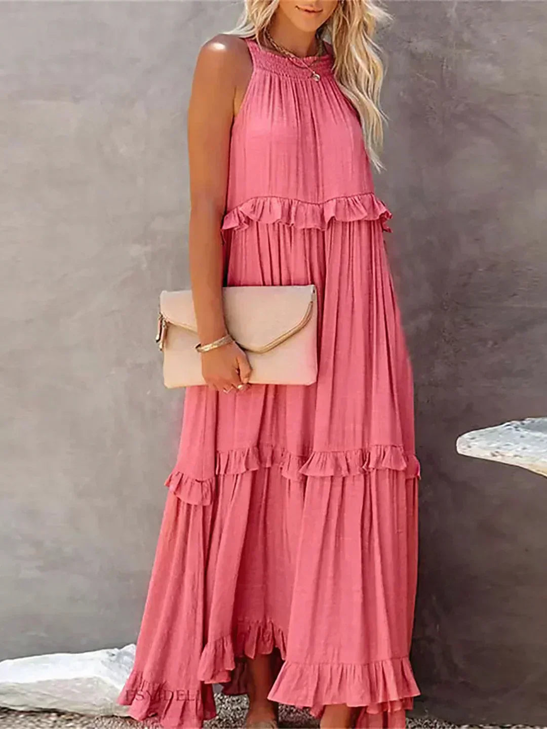 Damen Maxikleid Volants Neckholder Ausschnitt Sommerlich Feminin