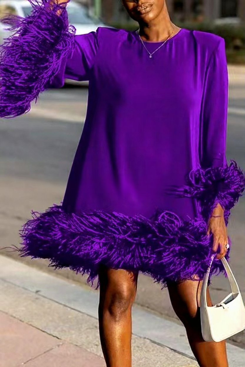 Damen Kleid Kurz Langarm Dekorativer Saum