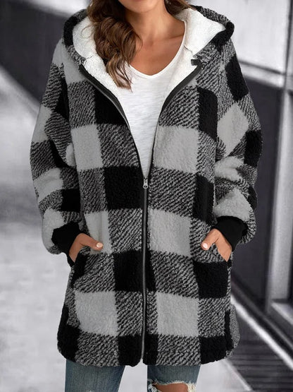 Damen Karierte Fleece Kapuzenjacke Weich weiß