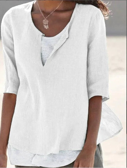 Damen Leinenbluse Sommer Unifarbe Halbärmel