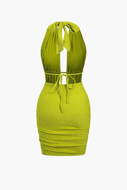 Damen Minikleid Rückenfrei Halterneck Raffung Sommer