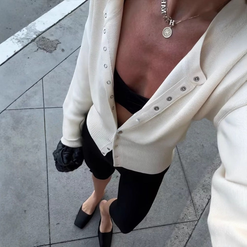 Damen Strickjacke Langärmlig Knopfleiste Beige