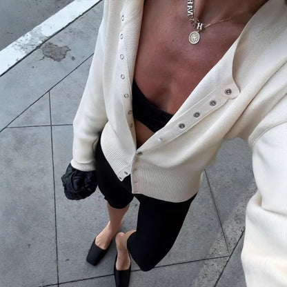 Damen Strickjacke Langärmlig Knopfleiste Beige