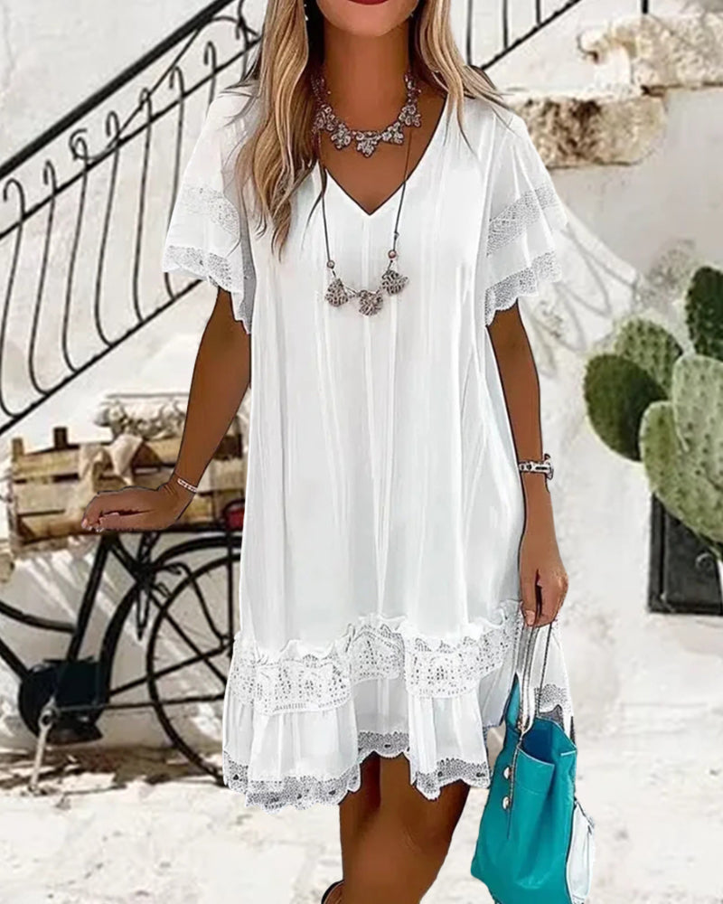 Norvielle Damen Einfarbiges Kleid Kurze Ärmel Spitze - Norvielle