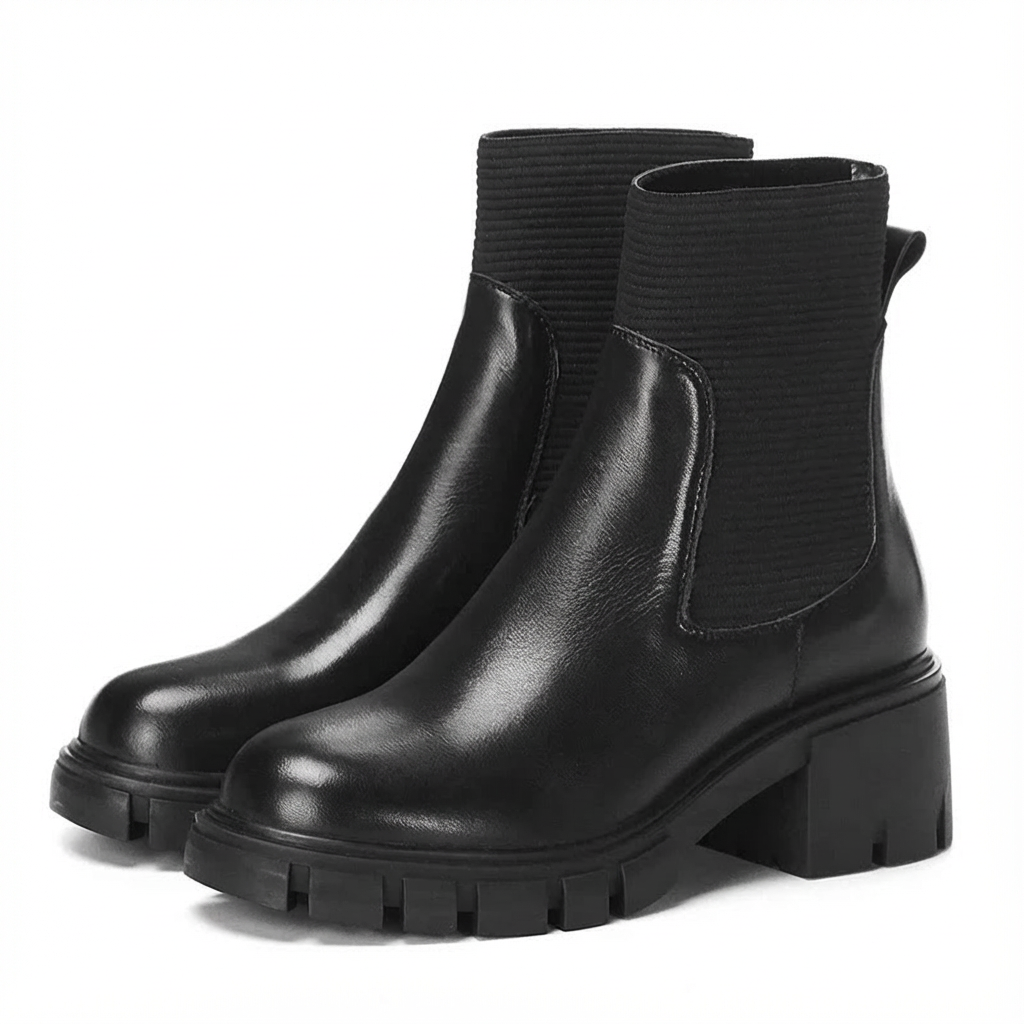 Damen Chelsea Boots Rindsleder Blockabsatz Schwarz - Norvielle