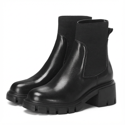 Damen Chelsea Boots Rindsleder Blockabsatz Schwarz - Norvielle