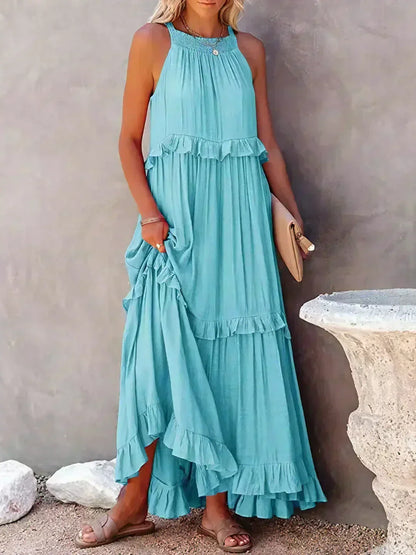 Damen Maxikleid Volants Neckholder Ausschnitt Sommerlich Feminin
