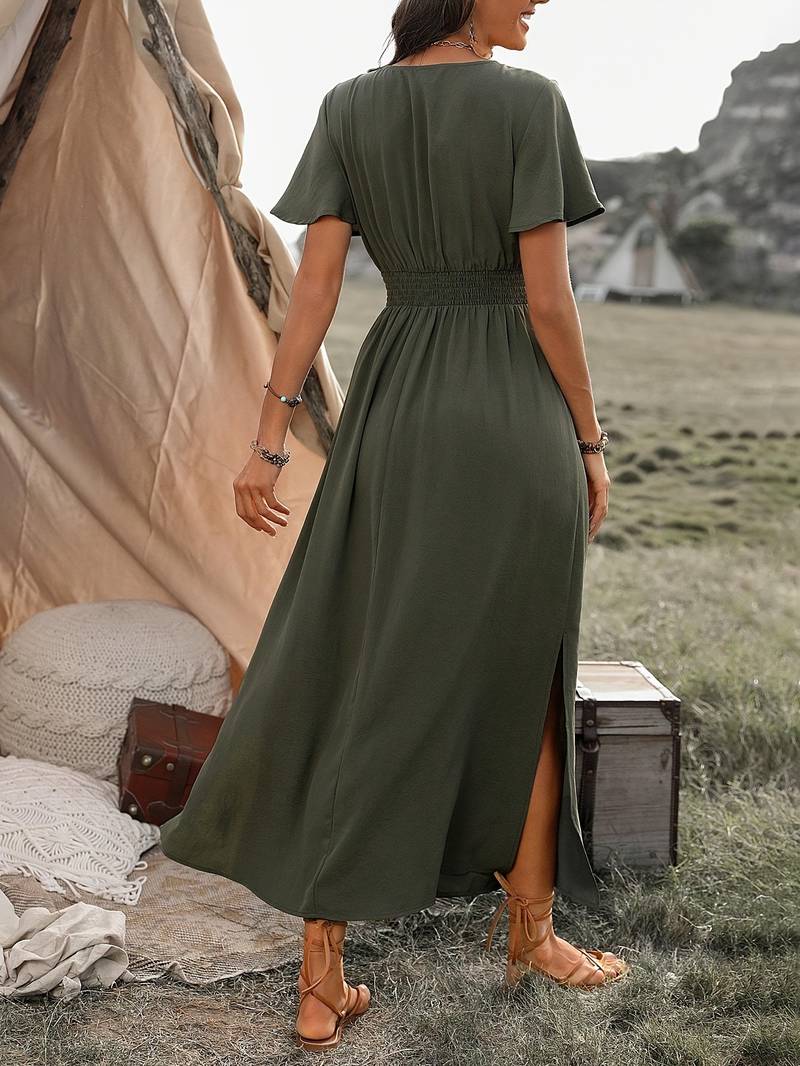 Damen Boho Maxi Kleid V-Ausschnitt Elegantes Design