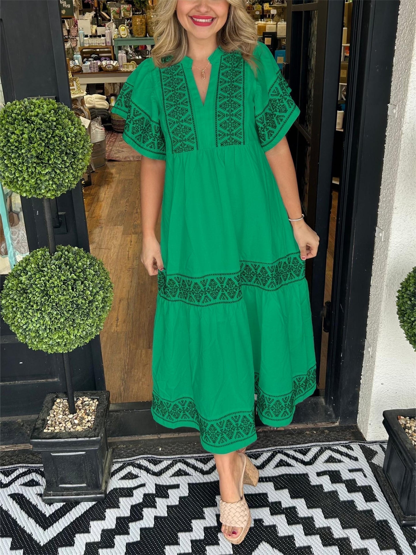 Damen Ibiza Style Midi Kleid V-Ausschnitt Weite Ärmel Lockere Passform