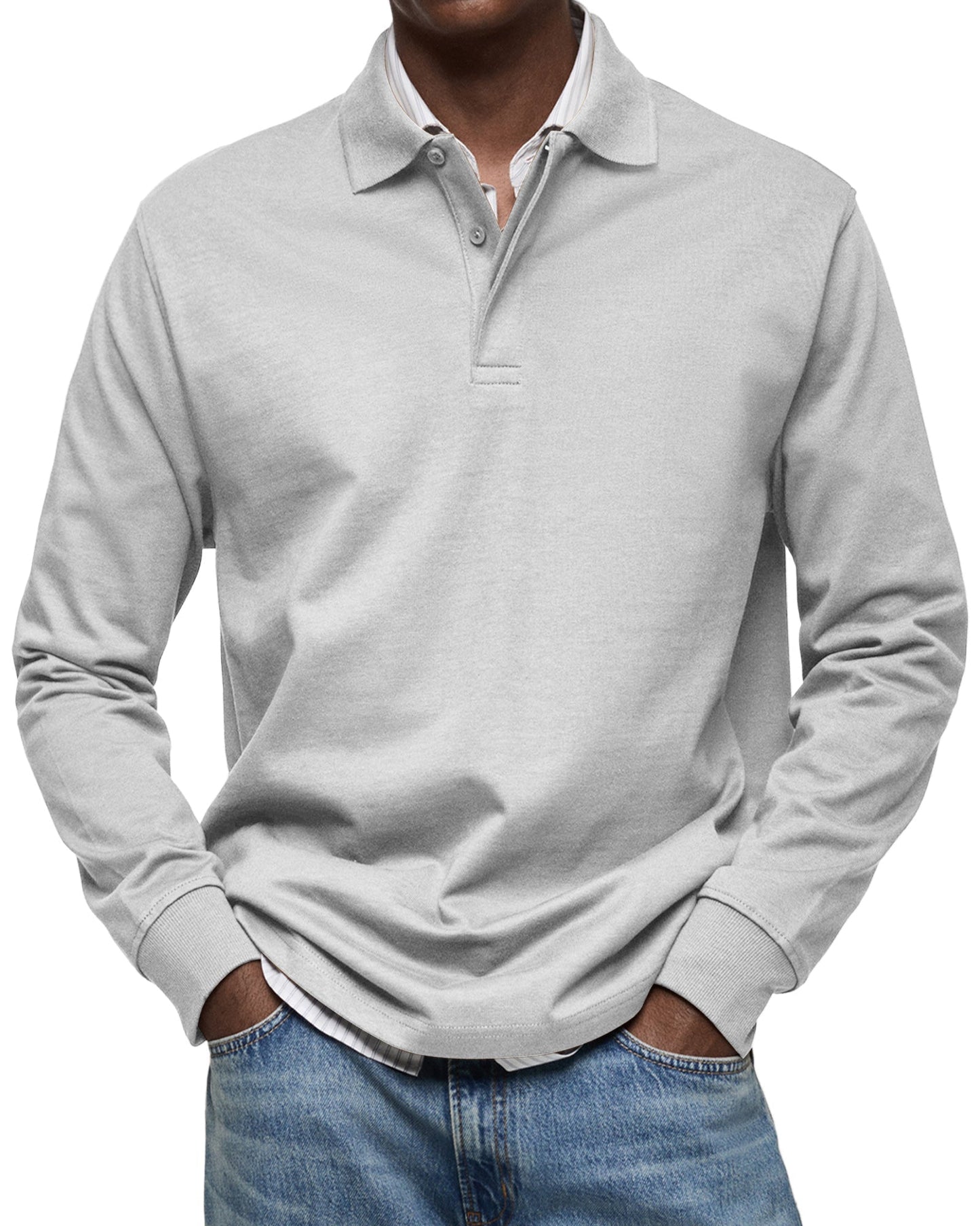 Herren Langarm-Poloshirt Knopfleiste Klassisch Weiß