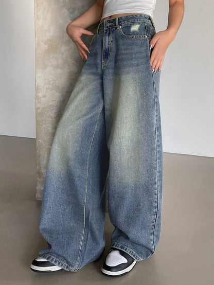 Damen Baggy Jeans Weite High Waist Gerades Bein