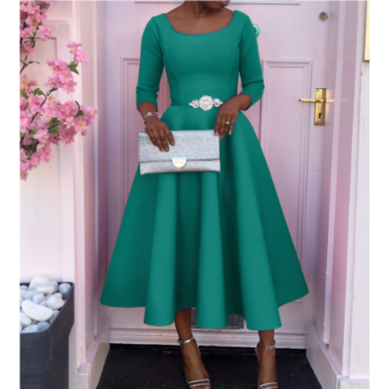Damen Midi-Kleid Rundhalsausschnitt Einfach